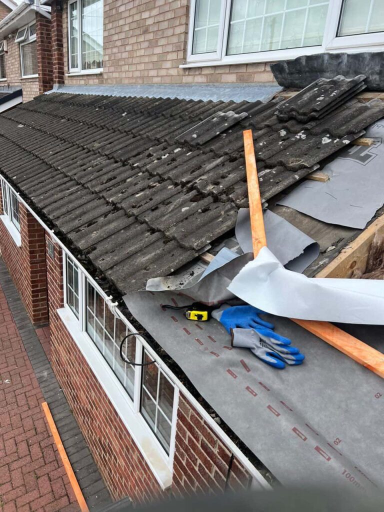 This is a photo of a pitched roof which is being repaired. The existing roof was leaking badly. Works carried out by North Hykeham Roofing Repairs